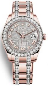 The 39 mm fake Rolex Pearlmaster 39 86285 watches made from everose gold and diamonds are designed for ladies.