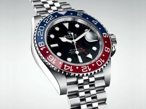 The 40 mm replica Rolex GMT-Master II 126710BLRO watches have black dials.
