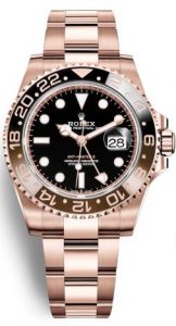 The luxury replica Rolex GMT-Master II 126715HNR watches are made from everose gold.