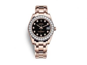 The female fake Rolex Pearlmaster 34 81285 watches are made from everose gold.