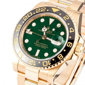 The 40 mm replica Rolex GMT-Master II 116718LN watches have green dials.