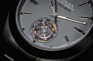 The special fake Rolex watches have tourbillons on the black dials.