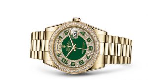 The gold replica Rolex Day-Date 118348 watches are decorated with diamonds.