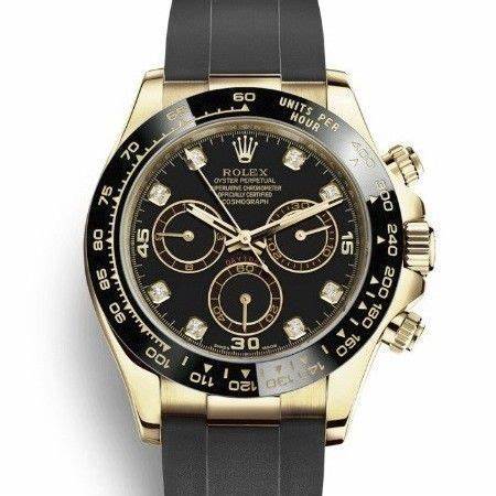 The black dial fake watch has diamond hour marks.