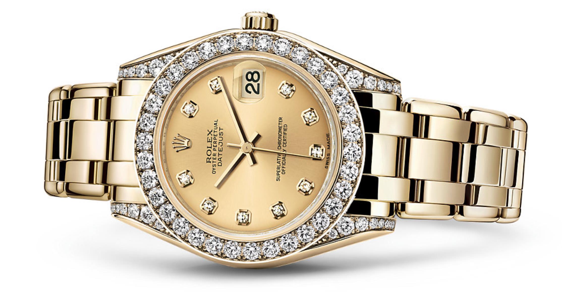 The 18ct gold fake watch is decorated with diamonds.